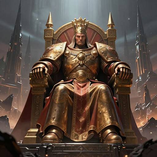 Digital artwork of a stern, armored king with a crown, sitting on a golden throne in a dark, gothic cathedral.