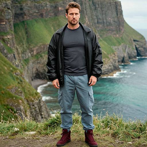 Photograph of a bearded, muscular man in a black jacket, black shirt, blue cargo pants, and maroon boots, standing on a cliff
