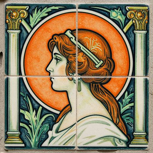 Stylized tile mosaic of a red-haired woman in profile, wearing a white headband and draped robe, with an orange halo and flanked by