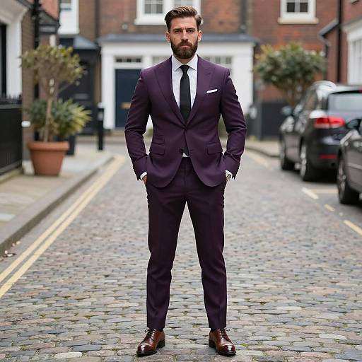 Photograph of a bearded man in a dark purple suit, white shirt, and black tie, standing confidently on a cobblestone street. Background