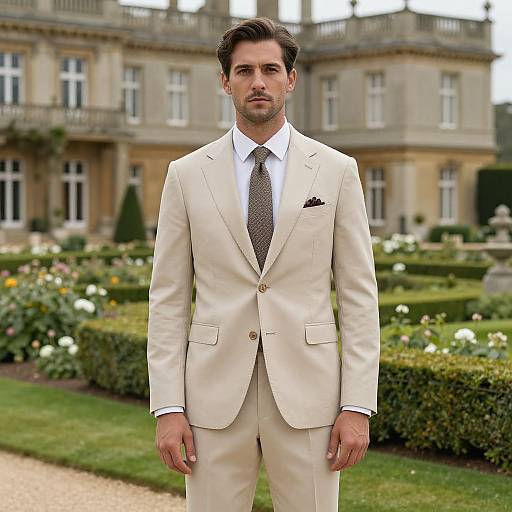 Photograph of a handsome man with dark hair in a beige suit, white shirt, and patterned tie, standing in front of a luxurious, orn