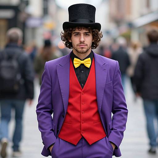Photograph of a curly-haired man in a purple suit, red vest, yellow bowtie, and black top hat, standing in a blurred urban street