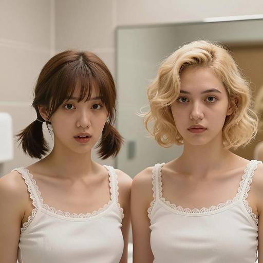 Two Young Women in White Lace-Trimmed Tops