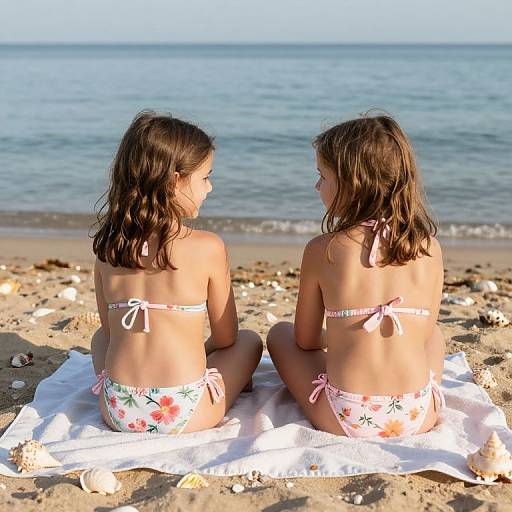 Photograph of two young girls with medium brown hair, wearing floral bikinis, sitting on a white towel on a sandy beach, facing the calm blue
