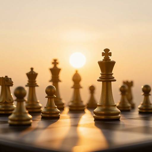 Photograph of chess pieces silhouetted against a golden sunset, with the sun directly behind a large king piece, casting warm light.