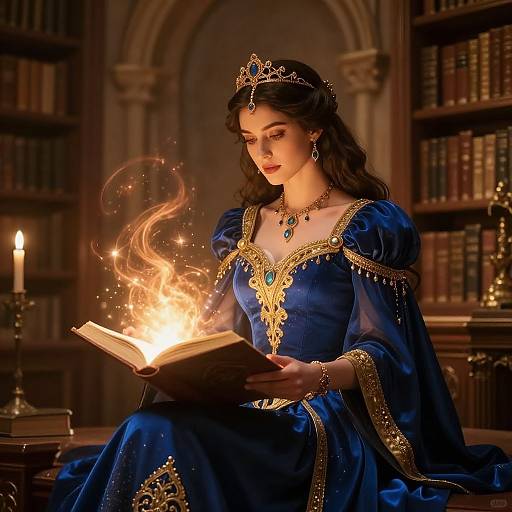 Photograph-style digital artwork of a fair-skinned princess with dark hair, blue and gold dress, tiara, reading an open book with a glowing