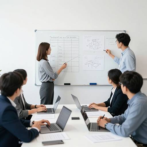 Photograph of a business meeting: five professionals, three men, two women, in suits, laptops, standing presenter explaining a whiteboard diagram.