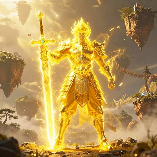 Epic fantasy CGI: Fiery armored warrior with glowing sword stands amidst floating islands, surrounded by magical energy and ancient ruins.