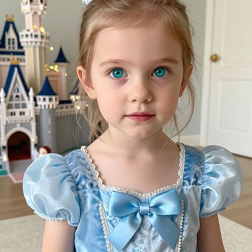 Photograph of a young girl with fair skin and bright blue eyes, wearing a shiny blue princess dress with puffed sleeves and a large bow, standing