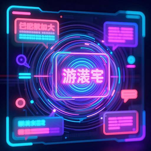 Neon-lit digital interface with glowing blue and pink holographic Chinese text, surrounded by concentric circles and colorful icons. Cyberpunk aesthetic.