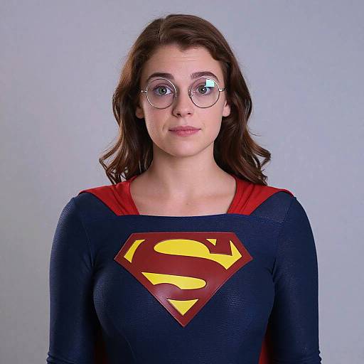 Photograph of a young woman with wavy brown hair, wearing round glasses, a blue Supergirl costume with red trim, and the yellow-red