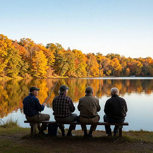 Four elderly men fishing from a bench by a calm lake, surrounded by vibrant autumn trees, reflected in the water. Photograph.