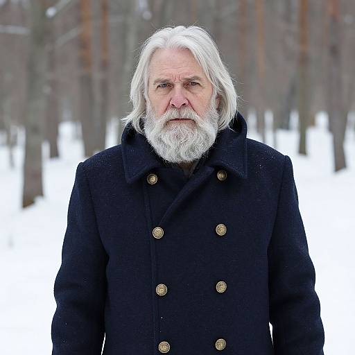Photograph of an elderly white man with long white hair and a full white beard, wearing a black double-breasted coat, standing in a snowy forest