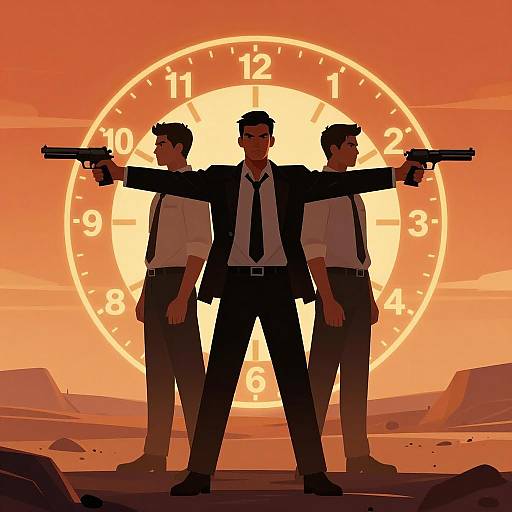 Three Men with Guns and Clock at Sunset