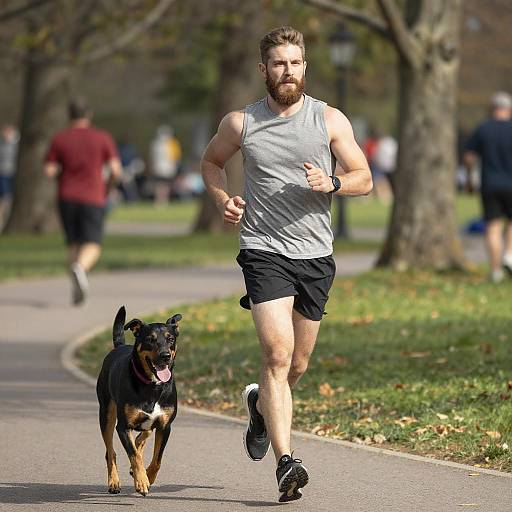 Muscular Man Running with Dog in Park