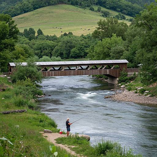 Photograph of a bald fisherman standing on a grassy riverbank, casting a line into a flowing river with a wooden bridge in the background,