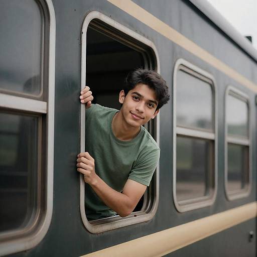 Young Man Smiling from Train Window