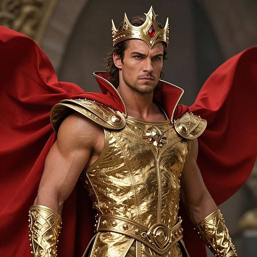 Photograph of a muscular, dark-haired man wearing a golden armor, red cape, and crown, exuding regal authority in a dramatic, medieval