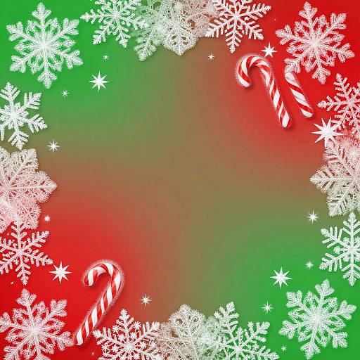 Christmas-themed digital art with white snowflakes and candy canes on a red-to-green gradient background, forming a festive border.