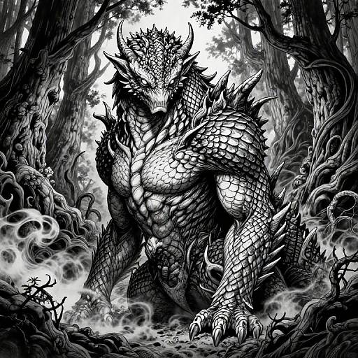 Black-and-white digital drawing of a muscular, horned, scaly dragon standing in a dense, twisted forest with swirling mist.