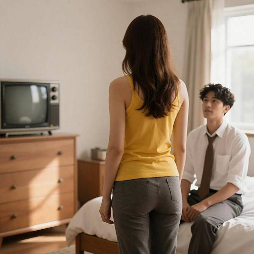 Sunlit Bedroom Scene: Woman Facing Man