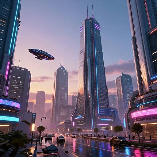 Digital artwork of a futuristic cityscape at sunset, featuring neon-lit skyscrapers, flying saucer, and glowing streetlights, with a busy
