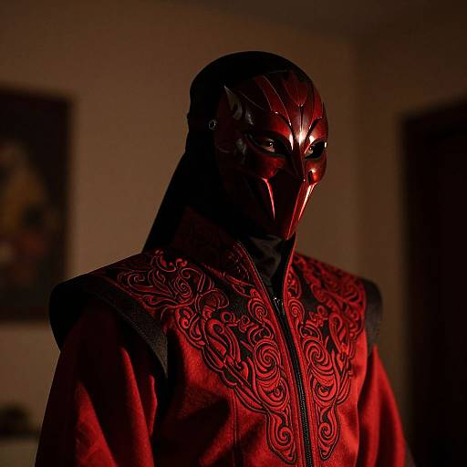 Photograph of a person in a black, reflective mask with red accents, wearing a red, intricately embroidered robe, dimly lit.