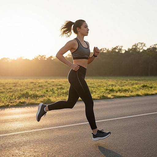 Photograph of a fit, brunette woman in a sports bra and black leggings jogging on a road at sunset, with grassy field and trees in the
