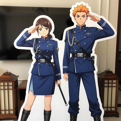 Anime Characters in Blue Military Uniforms Saluting
