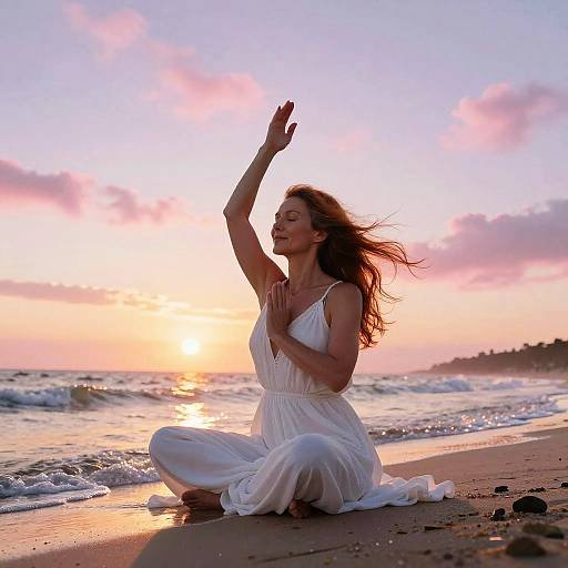 Radiant Woman Meditating at Dawn Beach