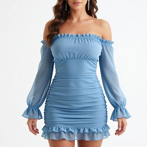 Photograph of a woman in a light blue, off-shoulder, ruched mini dress with long sleeves and frilled hem, white background