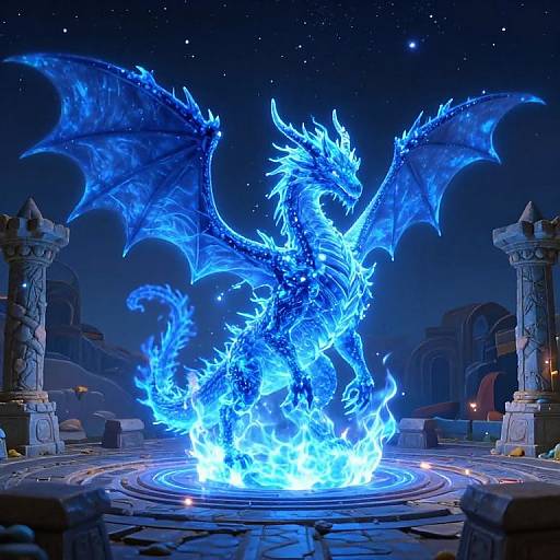 Digital artwork of a glowing blue dragon with fiery wings, standing on a circular, illuminated stone platform in a dark, starry night with ancient stone columns
