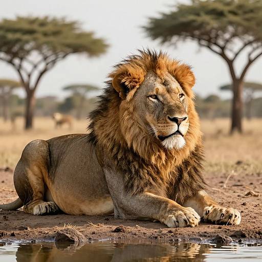 Photograph of a majestic male lion with a dark mane, lying by a waterhole in a savanna, with acacia trees in the background.