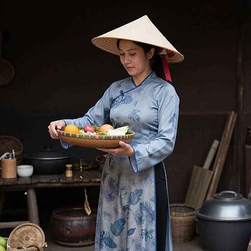 Photograph of an Asian woman in traditional blue floral dress and conical hat, holding a basket of colorful fruits, standing in a dimly lit rustic