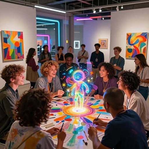 Photograph of diverse group of artists laughing and creating around a neon-lit, colorful table in a modern art gallery.