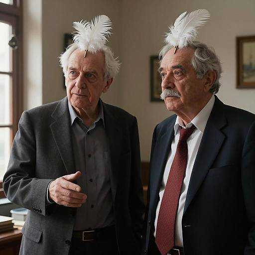 Two Elderly Men Wearing White Feathers Indoors