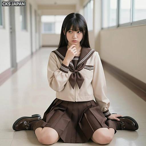 Japanese Schoolgirl Sitting in Hallway
