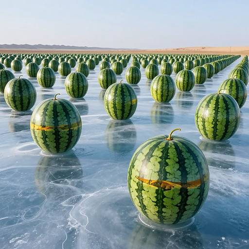 Photograph of a vast watermelon field with green-striped watermelons floating on a frozen, reflective surface under a clear blue sky.