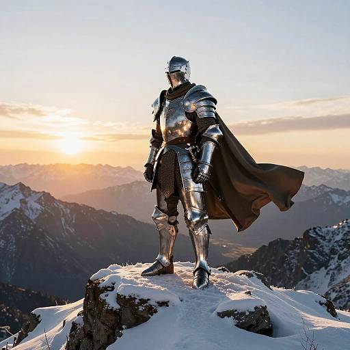 Photograph of a medieval knight in silver armor with black cape, standing on snowy mountain peak at sunset, mountains in background.
