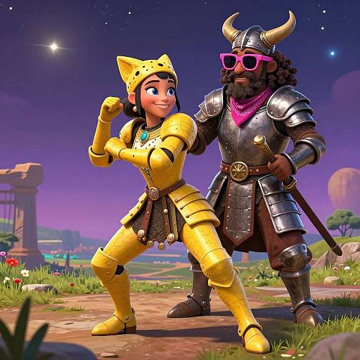 CGI image of a smiling, yellow-armored cat-girl flexing beside a dark-skinned, horned, black-bearded man in silver armor