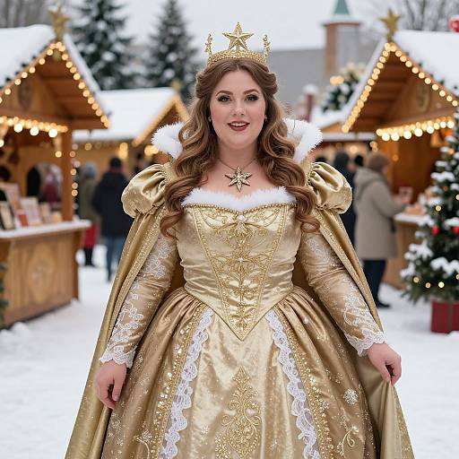Photograph of a smiling woman in an elaborate gold and white lace Renaissance-style gown with a crown, standing in a snowy Christmas market with illuminated wooden stalls