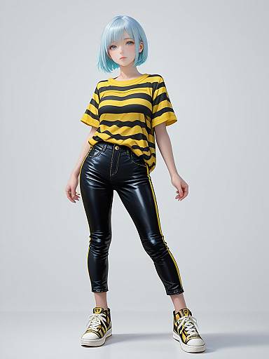 Digital artwork of a pale-skinned girl with blue bob haircut, wearing a yellow-black striped shirt, black leather pants, and yellow sneakers.