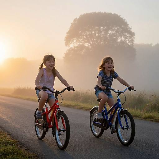 Photograph of two smiling young girls riding red and blue bicycles on a foggy rural road at sunrise, with a large tree in the background.