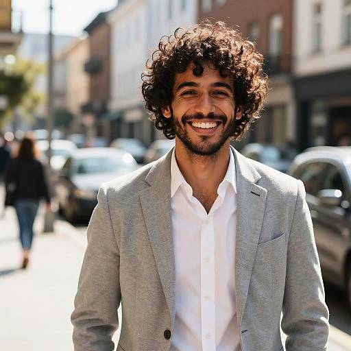 Photograph of a smiling man with curly dark hair, light brown skin, wearing a gray blazer and white shirt, standing on a sunny urban street