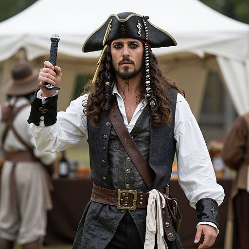 Photograph of a rugged, long-haired pirate with a tricorn hat, white shirt, black vest, and belt, holding a sword, standing outdoors