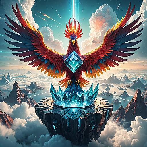 Massive Crystal Phoenix Soaring Above Floating Islands