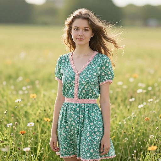 Young Woman in Sunlit Wildflower Meadow
