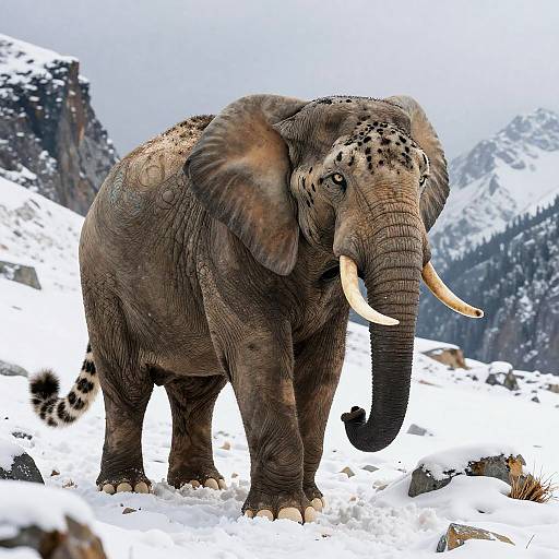 Photograph of a large, gray woolly mammoth with long tusks and dark spots, standing in a snowy mountain landscape.