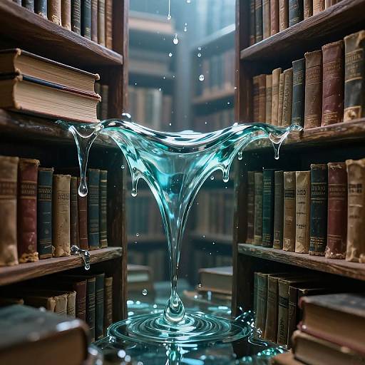Photograph of a splash of water forming a vortex between two wooden bookshelves filled with old, worn books. Water droplets glisten in the