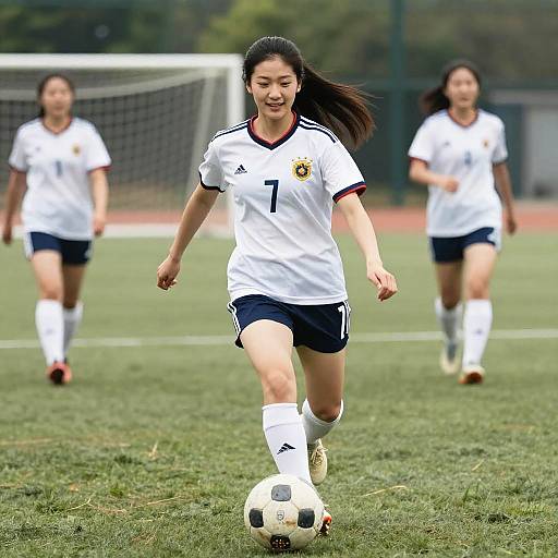 Young Asian Woman Kicking Virus Soccer Ball